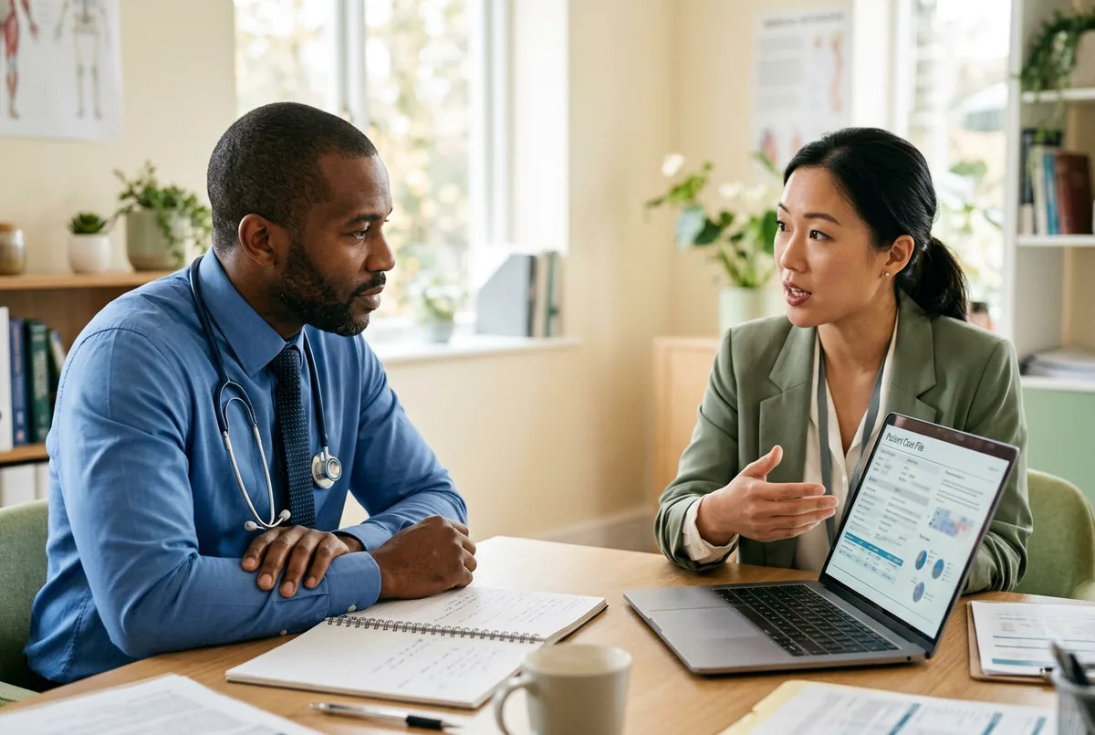 Two health professionals discussing an engagement over a laptop